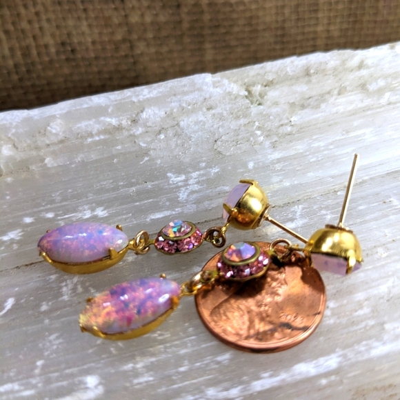 Swarovski Pink Opal, Flower & Pink Fire Opal in Drop Dangle Yellow Gold Earrings - Picture 4 of 4
